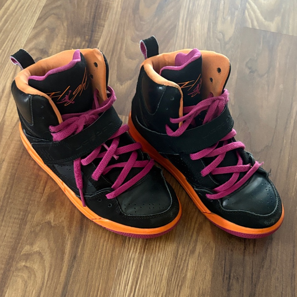 Kids Black and Orange Air Jordan Flight High-Top Sneakers